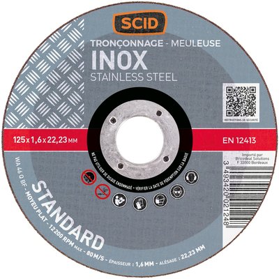 Disque à tronçonner l'inox SCID - Moyeu plat - Diamètre 125 mm - Alésage 22,2 mm