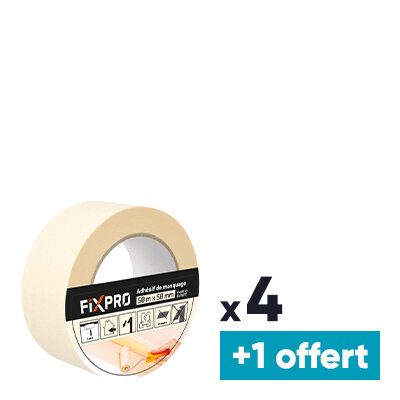 Lot de 4 rubans de masquage + 1 OFFERT - Fixpro - Longueur 50 m x 50 mm