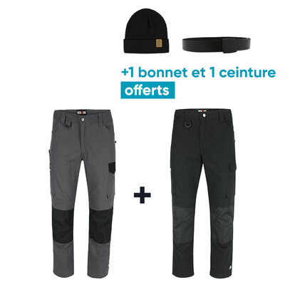 DERO BOX - Herock - Taille 40 - Lot de 2 pantalons DERO (gris/noir et noir/gris) + 1 bonnet OFFERT + 1 ceinture OFFERTE