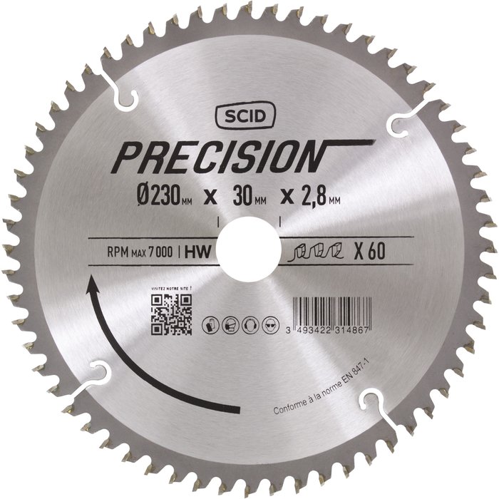 Lame au carbure pour scie circulaire SCID - Epaisseur 2,8 mm - 60 dents - Diamètre 230 mm - Alésage 30 mm-1
