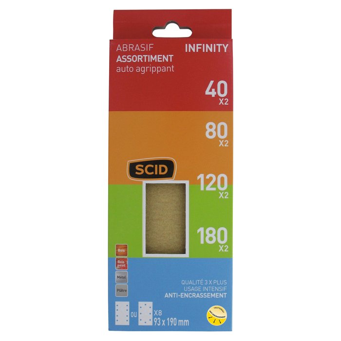 Patin - SCID - Auto-agrippant - 93 x 190 mm - Grain 40, 80, 120, 180 - Vendu par 8-1