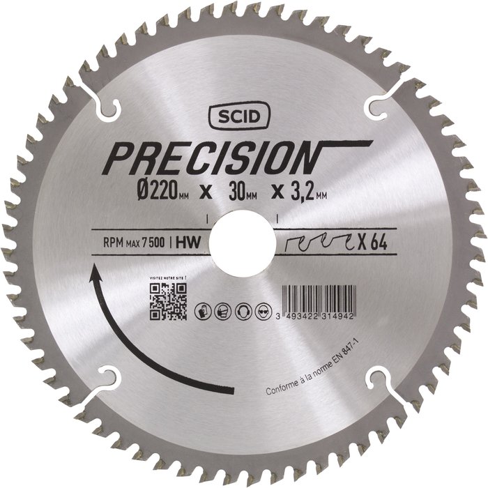 Lame pour machines stationnaires SCID - Epaisseur 3,2 mm - 64 dents - Diamètre 220 mm - Alésage 30 mm-1