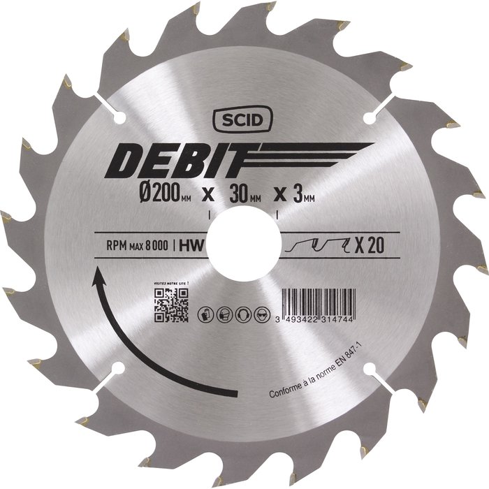 Lame au carbure pour scie circulaire SCID - Epaisseur 3 mm - 20 dents - Diamètre 200 mm - Alésage 30 mm-1