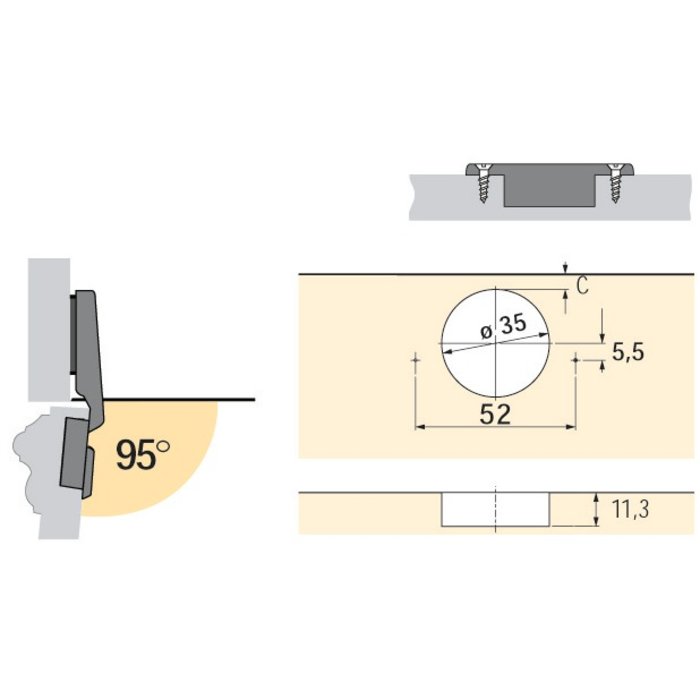 Boîtier à visser porte à moulure de 32 mm angle d'ouverture 95° - Hettich - Coudure 0 mm-1
