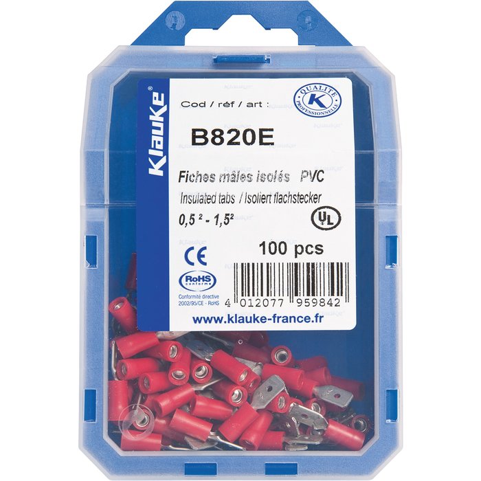 Cosse PVC rouge plate mâle isolé - Section 0,5 - 1,5 mm² - Vendu par 100 - Klauke-2