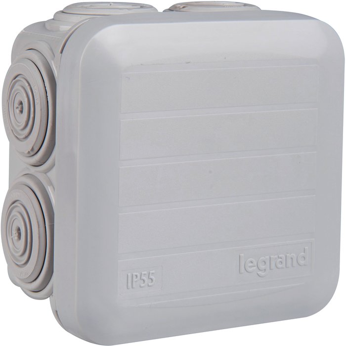 Boîte grise carrée - 65 mm - 7 embouts - Couvercle enclipsable - Plexo - Legrand