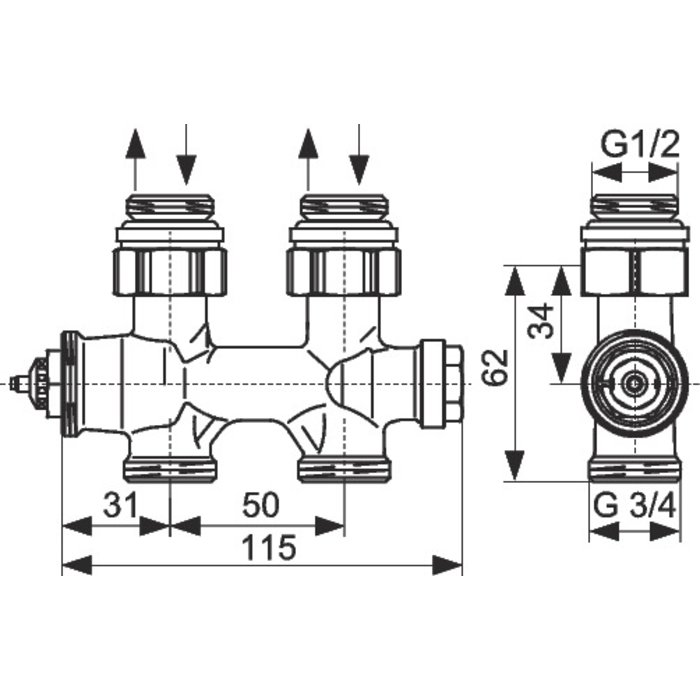 Multiblock T bitube modèle droit - M 3/4" - M 1/2" - Oventrop-1