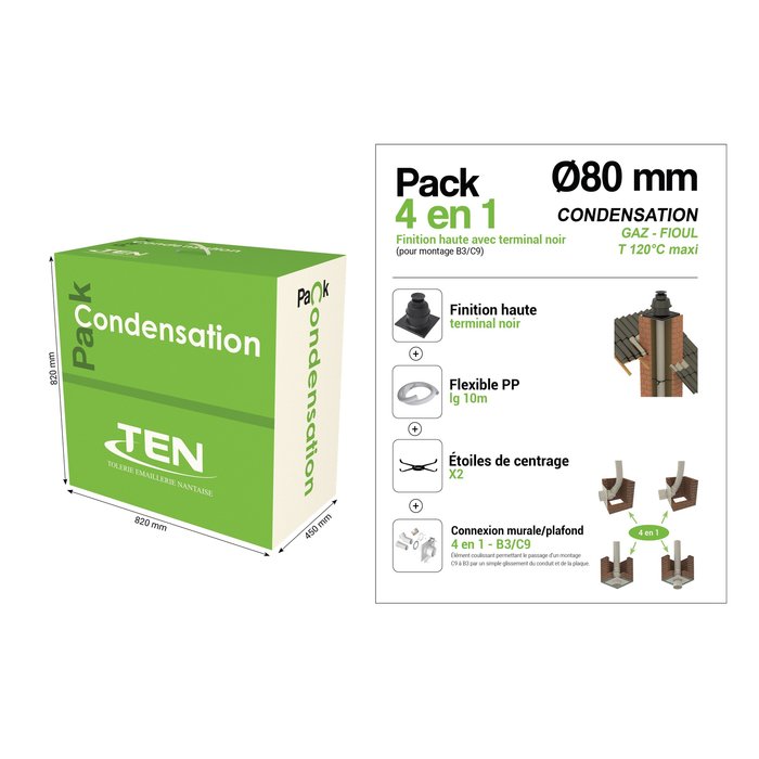 Pack condensation 4 en 1 B2/C9 TEN - Diamètre 80 mm - Terminal noir - Longueur flexible 10 m