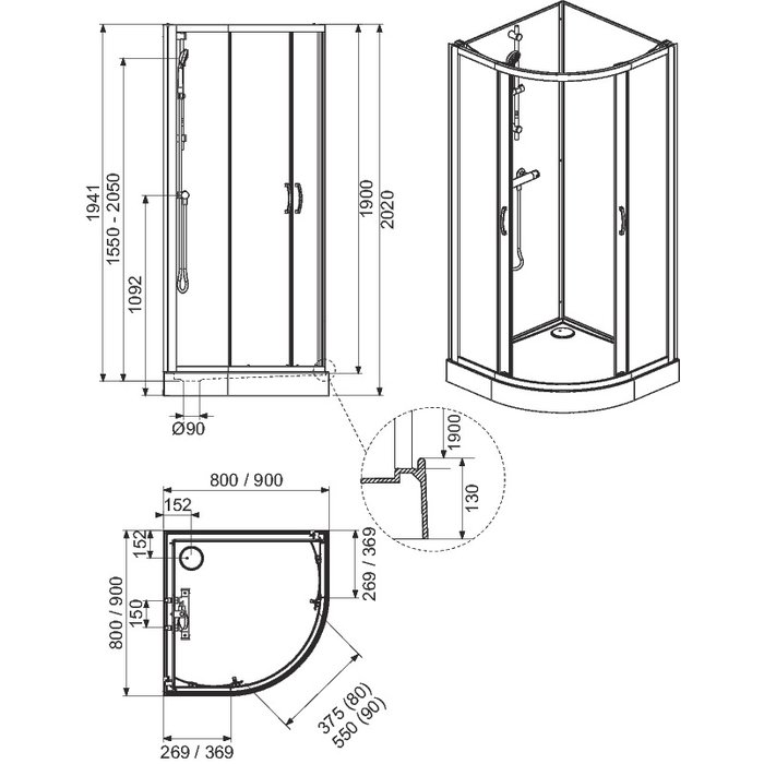 Cabine de douche Izi Glass2 Leda - 1/4 de rond - Porte coulissante - Verre transparent - 90 cm-1