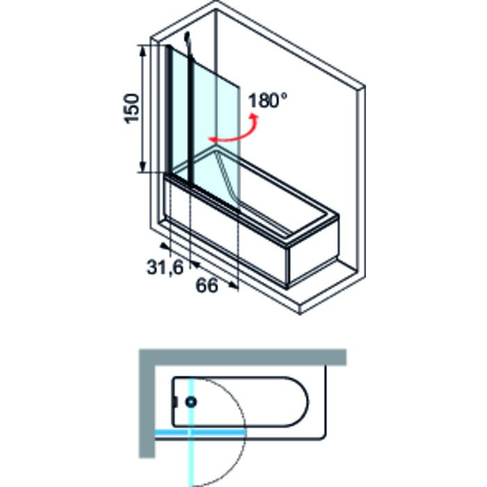 Pare-baignoire verre transparent - 1 ventail - 150 x 70 cm - Aurora - Novellini-1