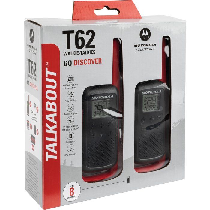 Paire de Talkie-Walkie T62 Motorola - Portée 8 km - Double alimentation - Ecran rétroéclairé - Couleur rouge et noir-2