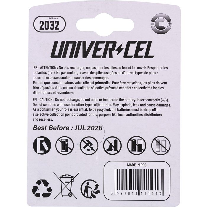 Pile bouton Lithium Univercel - CR2032 - 3 V - Vendue par 2-3