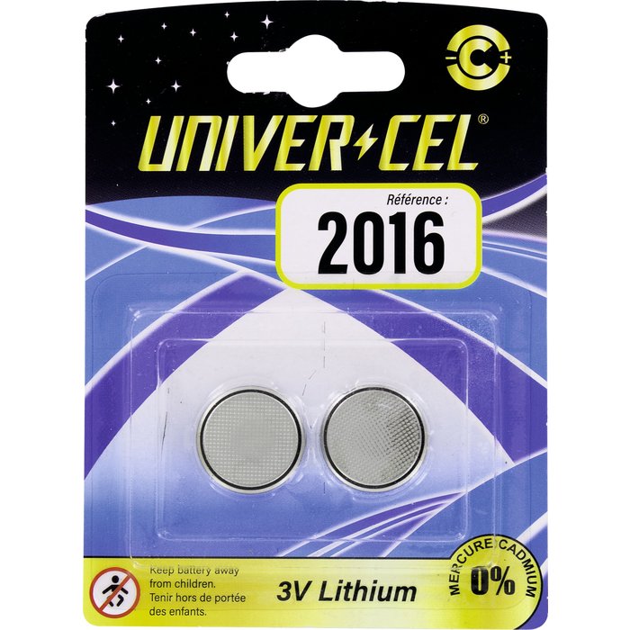 Pile bouton Lithium Univercel  - CR2016 - 3 V - Vendue par 2-2