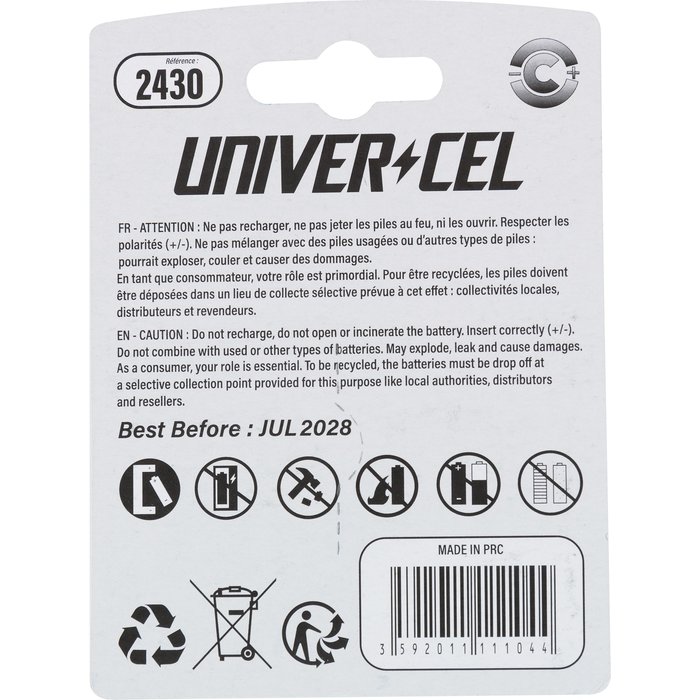 Pile bouton Lithium Univercel - CR2430 - 3 V - Vendue par 2-3