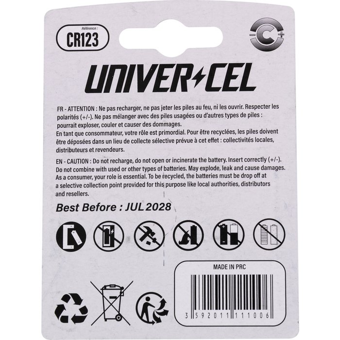 Pile miniature Lithium Univercel - CR123 - 3 V-3
