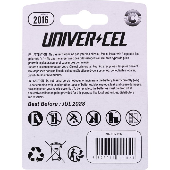Pile bouton Lithium Univercel  - CR2016 - 3 V - Vendue par 2-3
