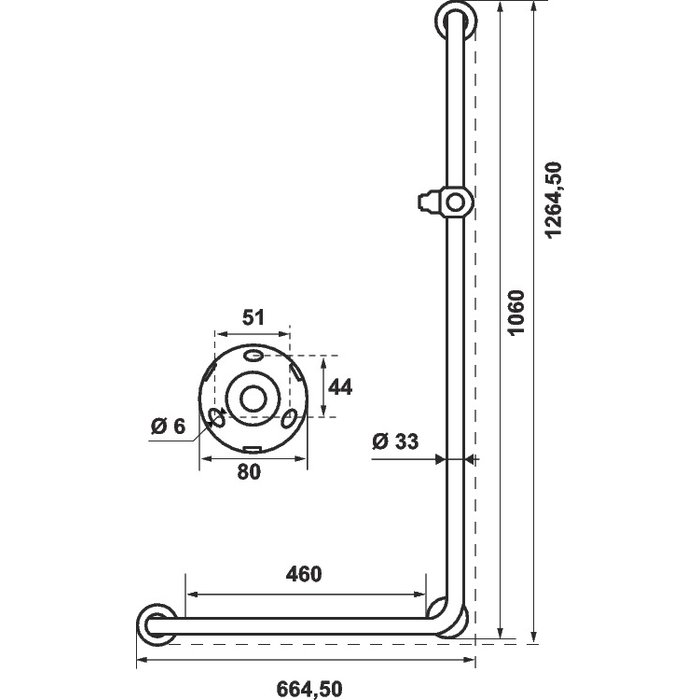 Barre de douche en L - 664,5 x 1264,5 mm - Ø 33 mm - Pellet ASC-2