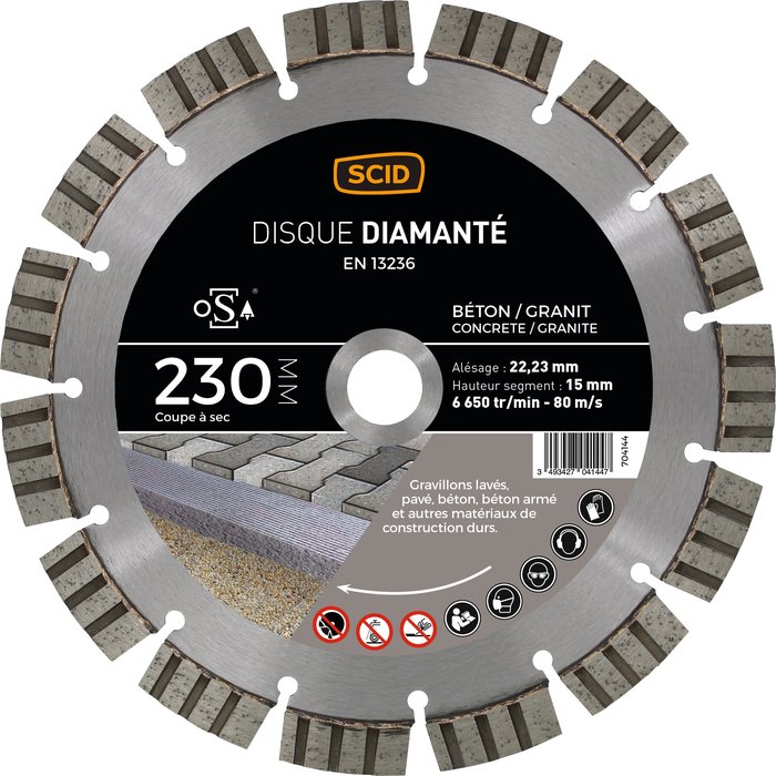 Disque diamanté béton granit professionnel longévité SCID - Diamètre 230 mm