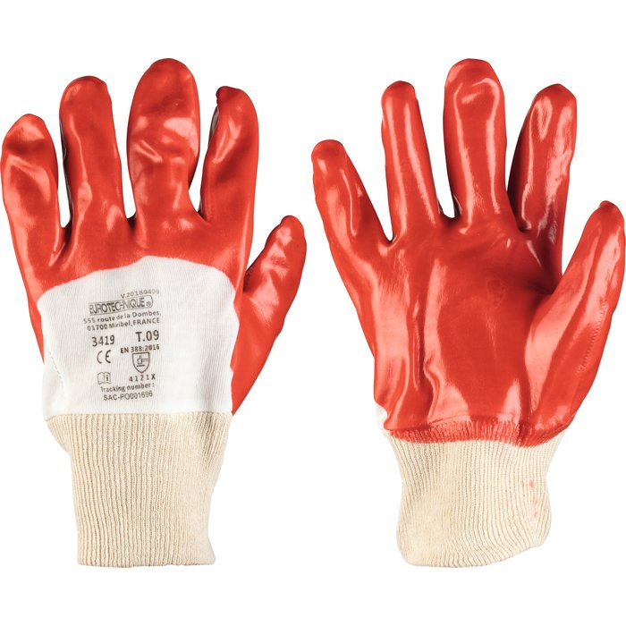 Gant de protection PVC rouge / blanc - Dos aéré - La paire - Eurotechnique - 9-1