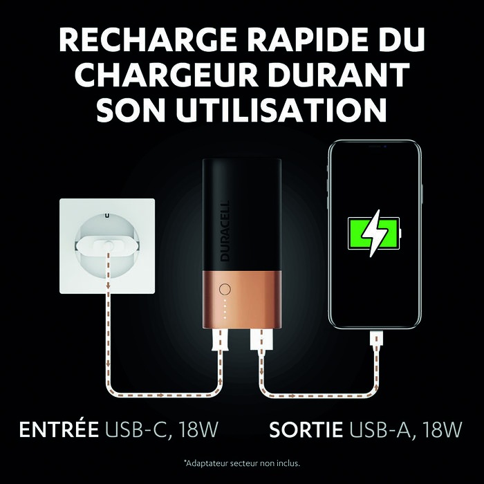 Batterie externe Duracell - 6700 mAh - Recharge rapide durant utilisation - 2 ports USB-5