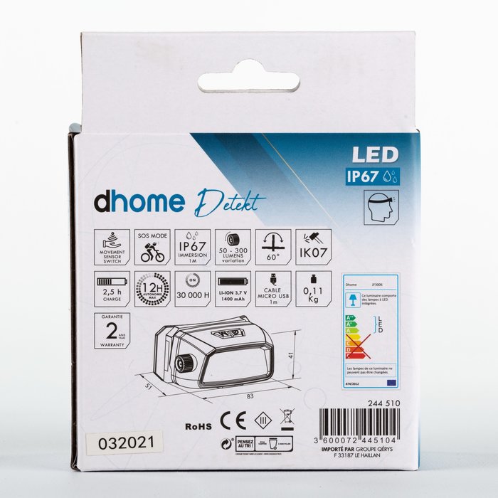 Lampe Frontale LED - Detekt - Dhome - 3 W - 300 lm - 6500 K - IP67 - Rechargeable-12