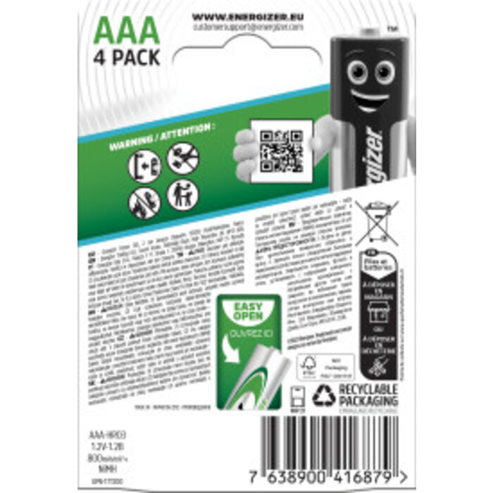 Pile rechargeable – ENERGIZER – AAA/HR03 – 1,2 V – Recharge Extreme – Vendu par 4-3