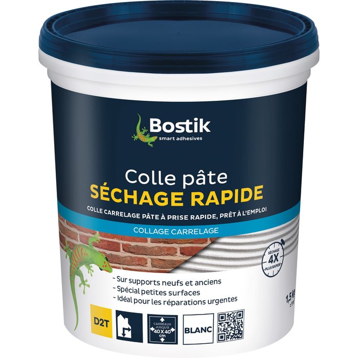 Colle pâte carrelage - 1,5 kg - Sol et mur - Intérieur - Sechage rapide D2T - Prêt à l'emploi - Bostik