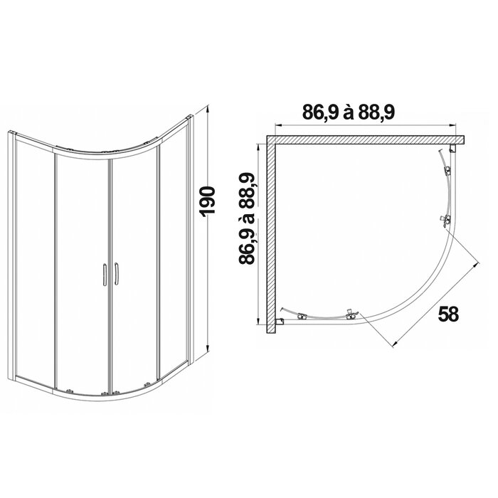 Porte de douche coulissante – Vista – 1/4 de rond - LEDA – H. 190 cm - l. 86,9-88,9 cm-1