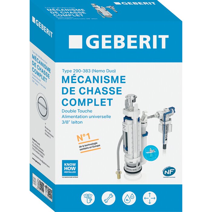 Mécanisme de chasse complet – GEBERIT – Type 290-383 – Double touche – Alimentation universelle 3/8-2