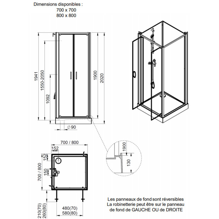 Cabine de douche Izi Glass2 Leda - Carrée - Portes battantes - Verre transparent - 80 x 80 cm-1