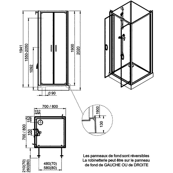 Cabine de douche Izi Glass2 Leda - Carrée - Portes battantes - Verre sérigraphié - 80 x 80 cm-1