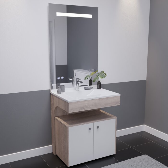 Ensemble meuble salle de bain PMR – 70 cm – Miroir LED – Plan vasque simple-2