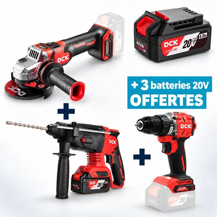Lot perforateur-burineur, meuleuse d’angle et perceuse-visseuse – DCK – brushless 20 V + 3 batteries OFFERTES-1