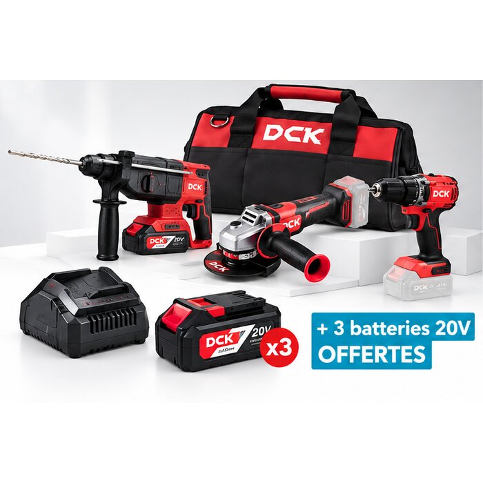 Lot perforateur-burineur, meuleuse d’angle, perceuse-visseuse et un sac à outils souple – DCK – chargeur de batterie - 20 V - 4 A + 3 batteries OFFERTES-1