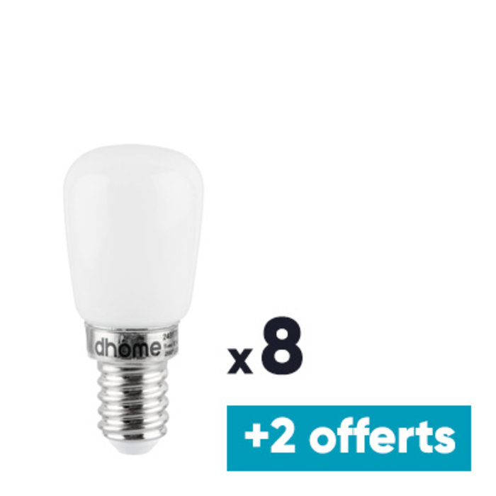 Lot de 8 ampoules LED frigo - Dhome - E14 - 2 W - 180 lm - 3000 K + 2 offertes