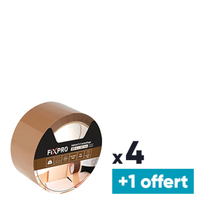 Lot de 4 rubans adhésif d'emballage + 1 OFFERT - Fixpro - Longueur 100 m x 50 mm
