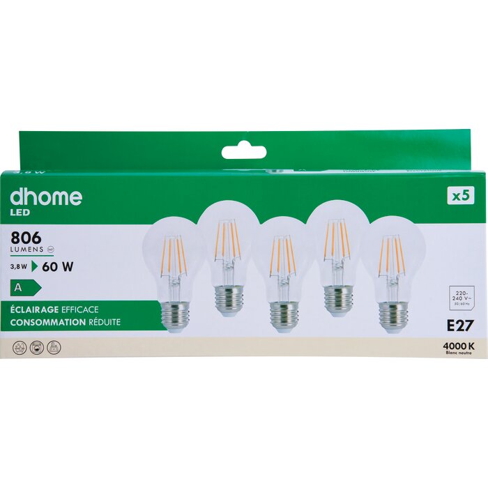 Ampoule LED à filament – DHOME – E27 – 806 lm – 4000 K – Claire – Vendu par 5-3