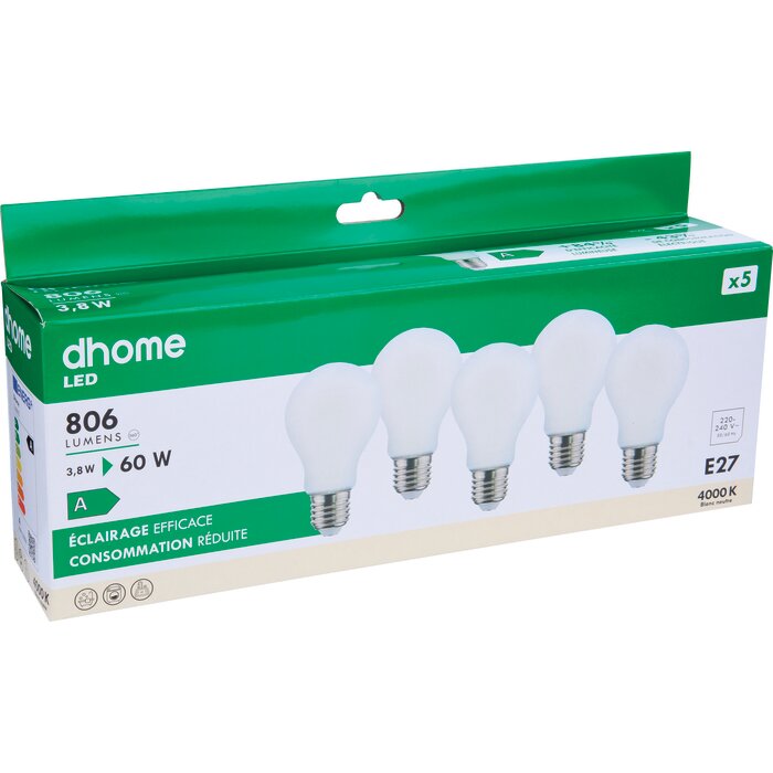 Ampoule LED standard à filament - DHOME - E27 - 3,8 W - 806 lm - 4000 K - Dépolie - Classe A - Vendu par 5-2