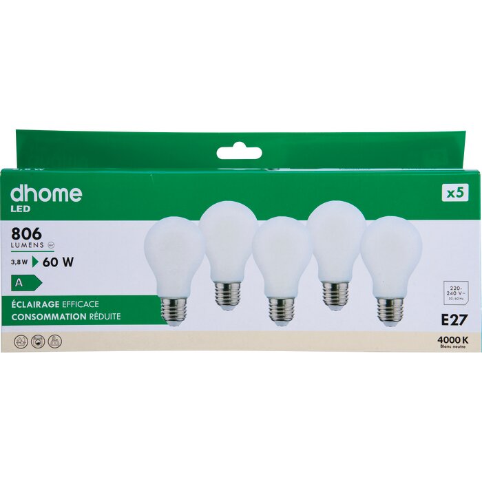 Ampoule LED standard à filament - DHOME - E27 - 3,8 W - 806 lm - 4000 K - Dépolie - Classe A - Vendu par 5-3
