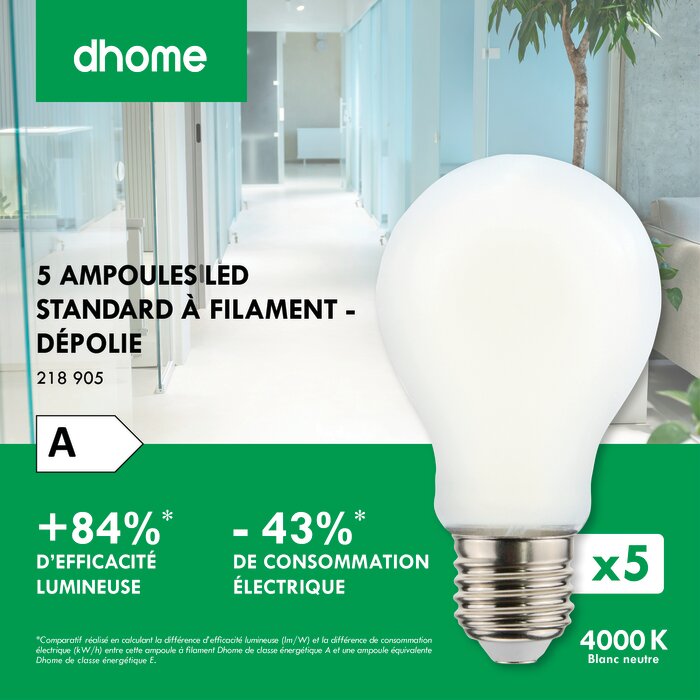 Ampoule LED standard à filament - DHOME - E27 - 3,8 W - 806 lm - 4000 K - Dépolie - Classe A - Vendu par 5-2