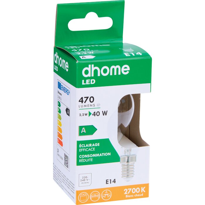 Ampoule LED sphérique à filament - DHOME - E14 - 2,2 W - 470 lm - 2700 K - Claire - Classe A-2