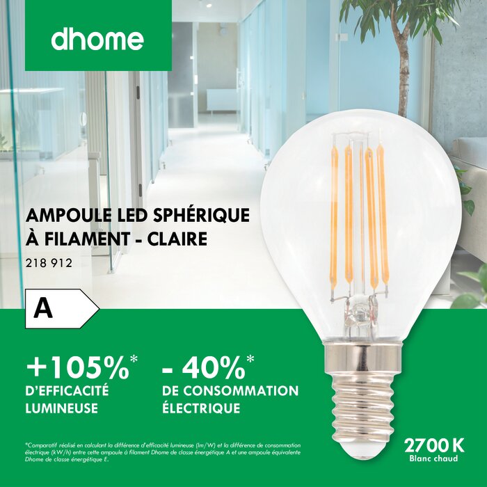 Ampoule LED sphérique à filament - DHOME - E14 - 2,2 W - 470 lm - 2700 K - Claire - Classe A-2