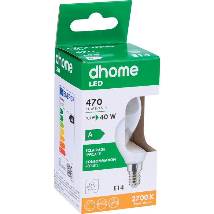 Ampoule LED sphérique à filament – DHOME – E14 – 2,2 W – 470 lm – 2700 K – Dépolie – Classe A-2
