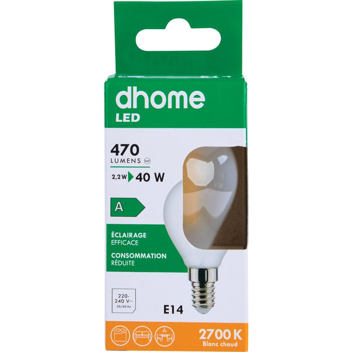 Ampoule LED sphérique à filament – DHOME – E14 – 2,2 W – 470 lm – 2700 K – Dépolie – Classe A-3