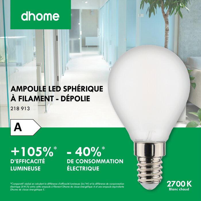 Ampoule LED sphérique à filament – DHOME – E14 – 2,2 W – 470 lm – 2700 K – Dépolie – Classe A-2