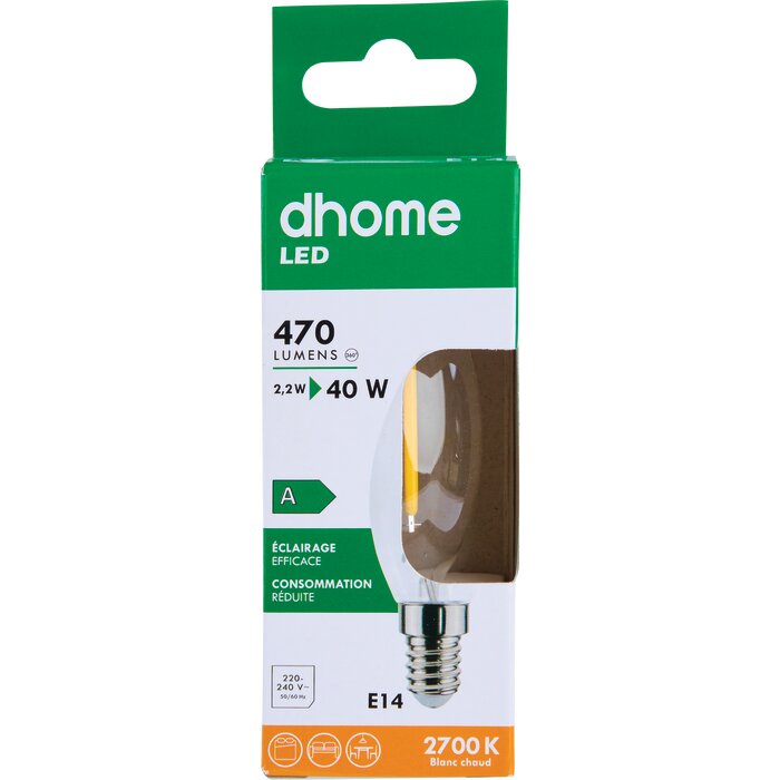 Ampoule LED flamme à filament - DHOME - E14 - 2,2 W - 470 lm - 2700 K - Claire - Classe A-3