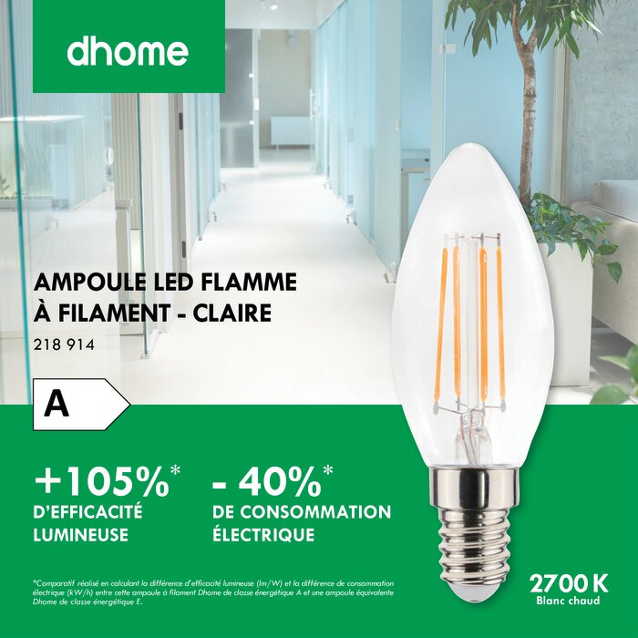 Ampoule LED flamme à filament - DHOME - E14 - 2,2 W - 470 lm - 2700 K - Claire - Classe A-2