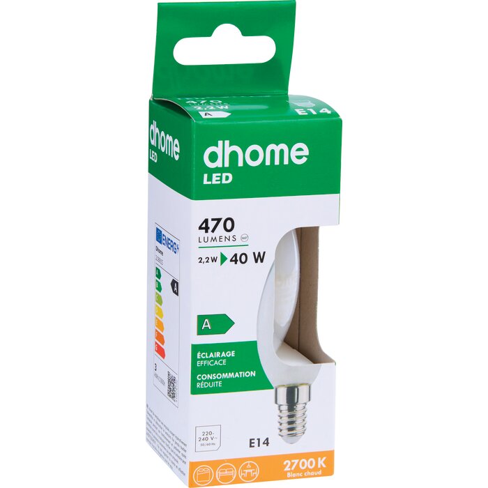 Ampoule LED flamme à filament - DHOME - E14 - 2,2 W - 470 lm - 2700 K - Dépolie - Classe A-2