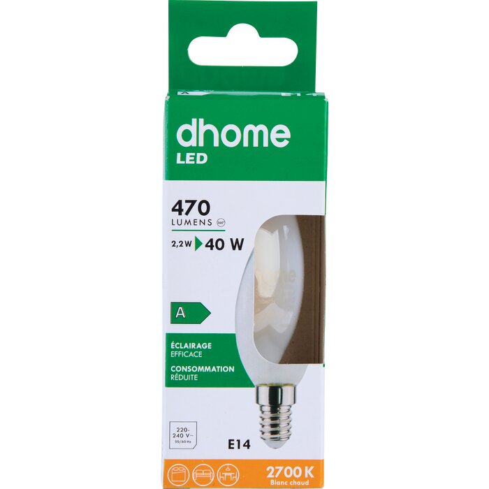 Ampoule LED flamme à filament - DHOME - E14 - 2,2 W - 470 lm - 2700 K - Dépolie - Classe A-3