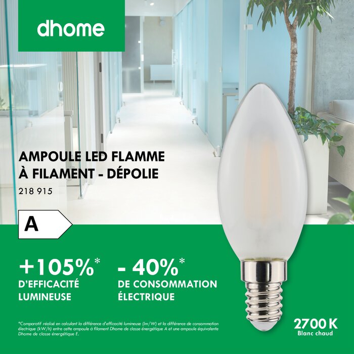 Ampoule LED flamme à filament - DHOME - E14 - 2,2 W - 470 lm - 2700 K - Dépolie - Classe A-2